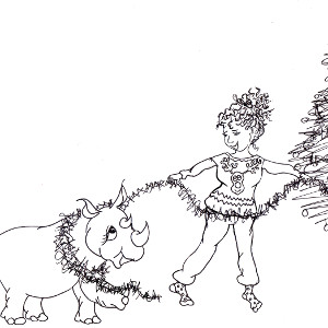 Picture-book rhino Heloise helps decorate the Christmas tree (printable colour-in greetings card for children).