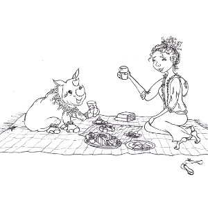 Colouring sheet featuring storybook rhino Heloise at a picnic in the park.