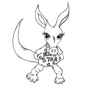 Colouring page of storybook aardvark Annabella in her 'rock star' shirt.