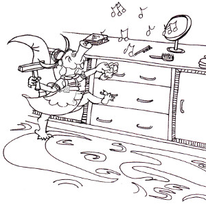 Annabella the picture-book aardvark sings as she dusts a cabinet (colouring page).