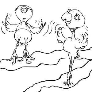 Colouring page featuring storybook birds Cricket and Watson flapping their wings.