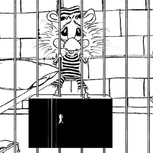 Cartoon hamster Harrison, stuck in jail, wearing prison stripes (colouring sheet).