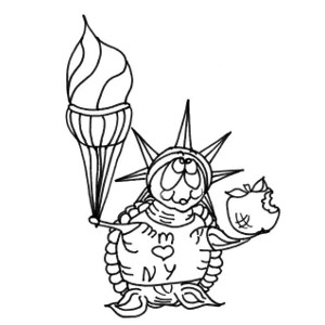 Colouring sheet featuring storybook turtle Moochie with NYC souvenirs.