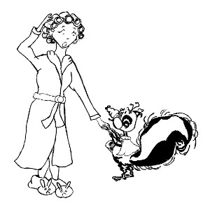 Mrs Johnson, in her curlers, meets storybook skunk Big Pong (colouring sheet).