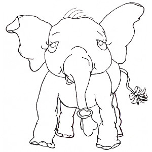 Picture-book elephant Pink Ethel smiles at you from this colouring page.