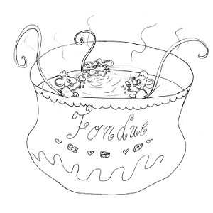 Colouring sheet with storybook mice Squeaks, Megan and Cornelia in the cheese bath.
