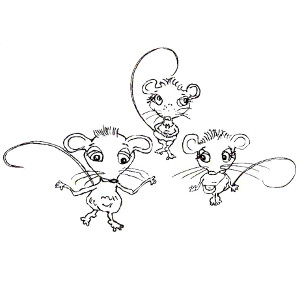 Colouring sheet featuring mischievous storybook mice Squeaks, Megan and Cornelia.