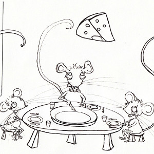 Cartoon mice Squeaks, Megan and Cornelia enjoy a cheesy dinner (colouring page).