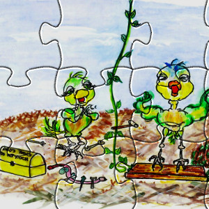 Printable jigsaw puzzle featuring storybook birds Cricket and Watson and 'Operation Trapeze'.