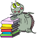 Moochie the mischievous turtle leans against a stack of books.