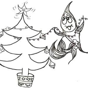 Storybook fish David decorates his tree with fairy lights (printable colour-in Christmas card for kids).