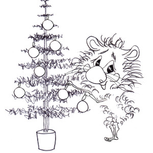 Harrison Hamster I is decorating his Christmas tree with baubles on this printable colour-in greetings card for kids.