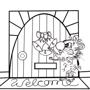 Harrison Hamster I is at the door, ringing the silver bells (printable colour-in Christmas card for kids).