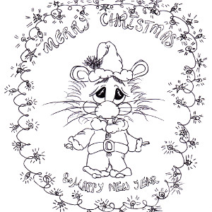 Harrison Hamster I wears his Santa suit on this printable colour-in Christmas card for children.