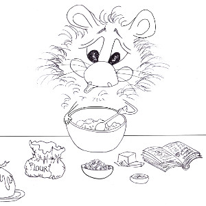 Cartoon hamster Harrison makes Christmas pudding (printable colour-in greetings card for children).