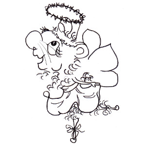 Cartoon hamster Kimster wears a ballet tutu to dance the Sugar Plum Fairy (printable colour-in Christmas card for kids).