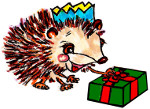 Hedgehog Corduroy Spike-Prickles opening his Christmas present