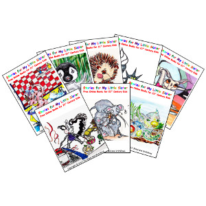 Eight printable Stories for My Little Sister playing cards for children, featuring picture-book characters.
