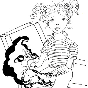 Storybook skunk Stinky comforts his friend Amy, who has hurt her arm (printable colour-in 'get well soon' card for kids).