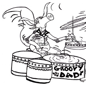 Storybook aardvark Annabella (on guitar) rocks out with her dad (on drums). Printable colour-in Father's Day card for kids.