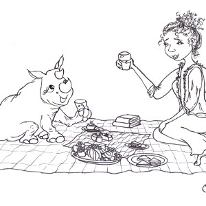 Storybook rhino Heloise is picnicking with a friend on this printable colour-in 'friendship' greeting card for kids.