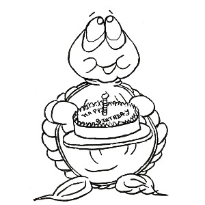 Storybook turtle Moochie carries a birthday cake on this printable colour-in greetings card for children.
