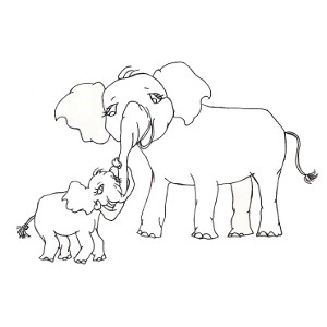 Storybook elephants Pink Ethel and her mum intertwine their trunks on this printable colour-in Mother's Day card for kids.