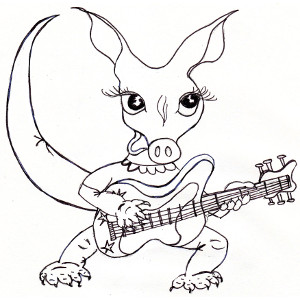 Cartoon aardvark Annabella plays the electric guitar in this colouring sheet.