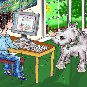 Printable jigsaw puzzle featuring storybook rhinoceros Heloise helping out.