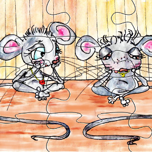 Printable jigsaw puzzle: storybook mice Megan and Cornelia in the floor box.