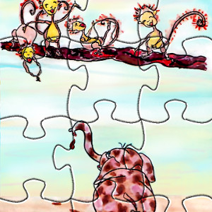 Printable jigsaw puzzle featuring cartoon monkeys and storybook elephant Pink Ethel.