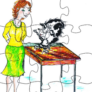 Printable jigsaw puzzle featuring picture-book skunk Stinky meeting teacher Miss Jones.
