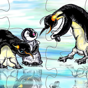 Printable jigsaw puzzle: storybook penguin Tuppence is welcomed home by her parents.