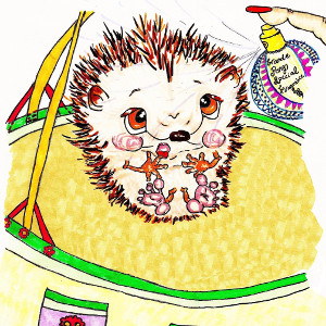 Incomplete storybook illustration of cartoon hedgehog Corduroy in a handbag (free printable memory puzzle for kids).