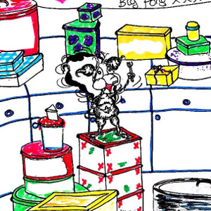 Incomplete storybook picture of cartoon skunk Big Pong in the kitchen (free printable memory puzzle for kids).