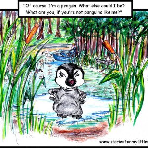 Penguin chick Tuppence stands angrily amongst the reeds (with storybook quote).