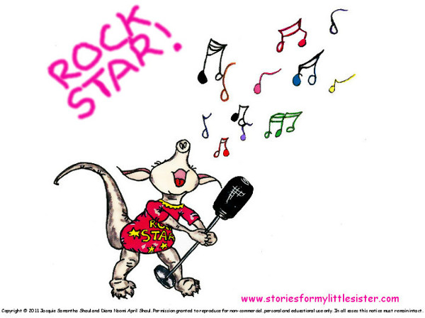 Picture-book aardvark Annabella sings into a mic (with slogan 'ROCK STAR!')
