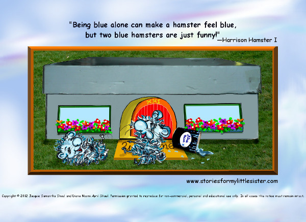 Cartoon hamsters Harrison and Kimster, covered in blue paint and laughing (with quote from story).