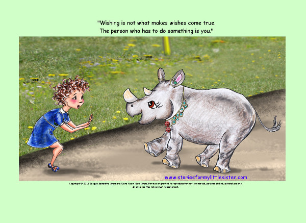 Storybook rhinoceros Heloise approaches a little girl (with quote from book).