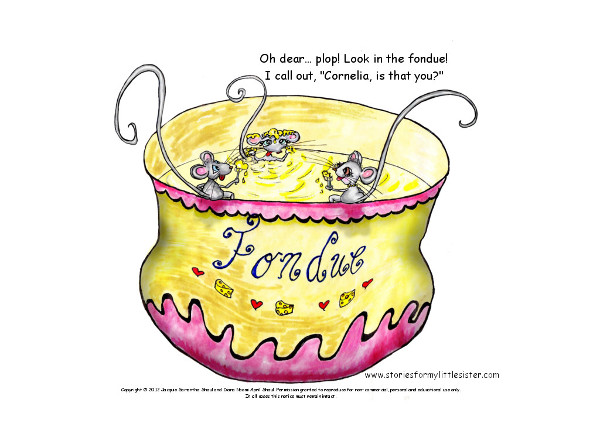 Cartoon mice Squeaks, Megan and Cornelia enjoy their fondue (with storybook quote).