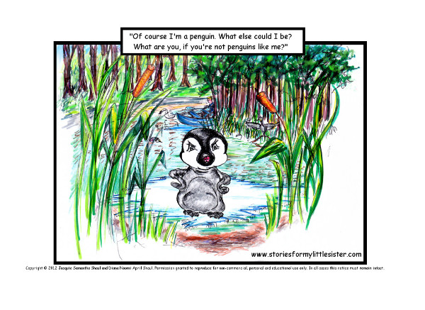 Storybook penguin chick Tuppence looking very cross (with quote).
