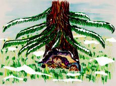 Storybook hedgehogs Corduroy and Velvet sleep under a snow-covered tree.