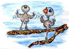Picture-book illustration of little birds Cricket and Watson flapping their wings.